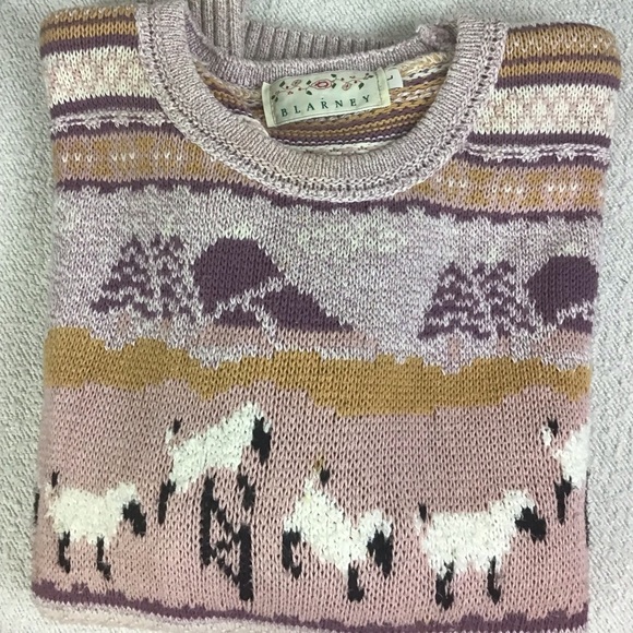 Blarney Vintage Cotton Knit Jumping Sheep Crewneck Sweater Size Large Pink/Gold - Picture 9 of 10